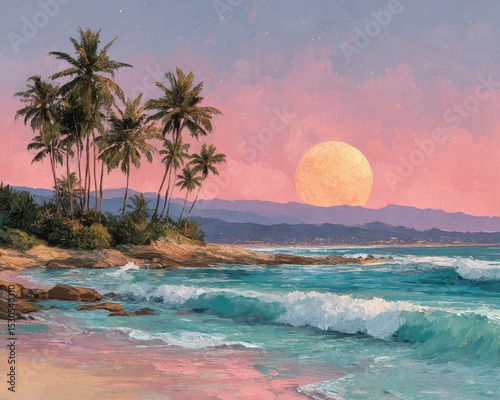 A serene ocean beach reveals gentle waves lapping at the shore as a large orange sun sets on the horizon. Lush palm trees frame the scene against a soft pink and blue sky