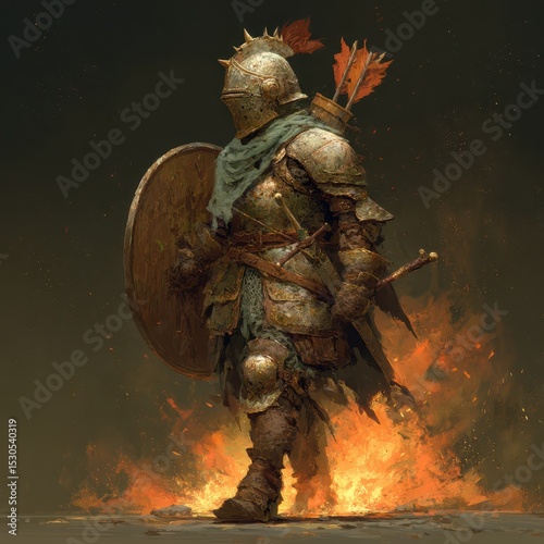 A robust armored warrior strides confidently through flames, wielding a shield and a spear. The fiery glow illuminates intricate armor details while the setting portrays a battlefield atmosphere