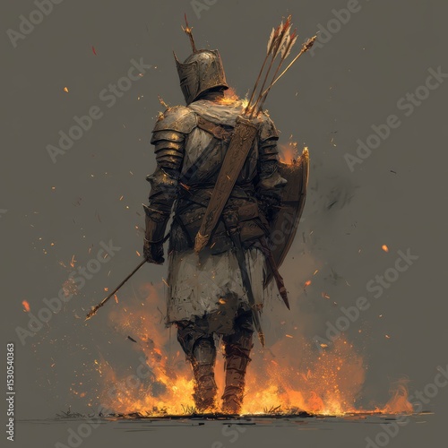Armored fantasy character stands with a shield and arrows, facing the viewer. Surrounding flames indicate an intense battle scenario in a mystical landscape
