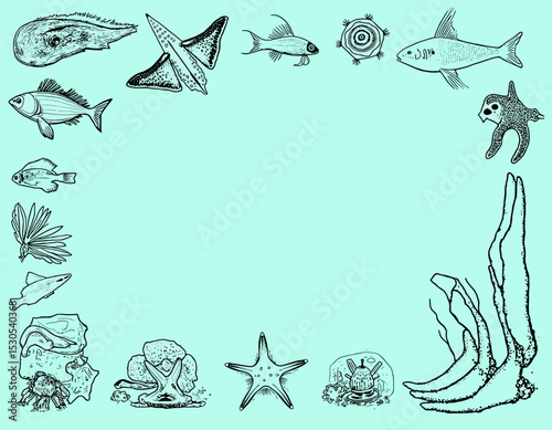 Doodle illustrations of sea creatures and plants on a light blue background with copy space