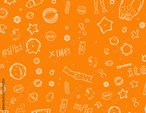 Playful hand-drawn doodles on vibrant orange background