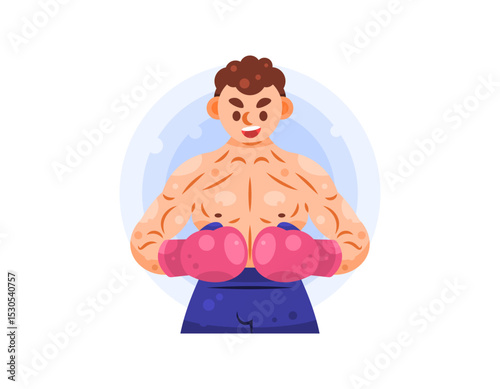 illustration of a male boxer posing fiercely. boxer ready to fight and full of spirit. athlete, fighter, and combat sport. exercise and wellness. facial expression and gesture. flat style character