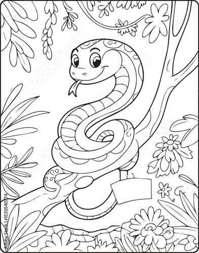 Cute cartoon snake on a tree in nature black line art vector illustration coloring page or book design for kids
