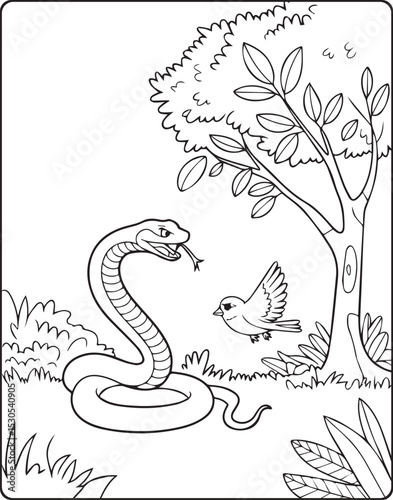 Cute cartoon snake with a bird in nature black line art vector illustration coloring page or book design for kids