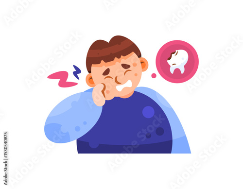 illustration of a boy holding his swollen cheek. feeling uncomfortable and pain in the cheek and teeth. concept of toothache and cavities. health problems. expression and gesture. flat style character