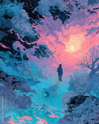 A solitary figure walks along a winding path surrounded by lush, otherworldly vegetation, under a sky filled with swirling colors at sunset. The atmosphere invites deep reflection