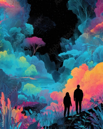 Two figures stand amidst a colorful landscape featuring vivid plants and trees, gazing into a mesmerizing immersive environment illuminated by a myriad of hues