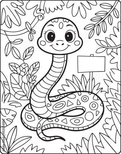 Cute cartoon snake in nature black line art vector illustration coloring page or book design for kids