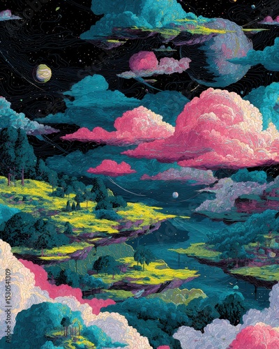Explore a mesmerizing environment featuring vivid hues and artistic formations, where lush green hills meet a starry sky adorned with dreamlike clouds during twilight hours