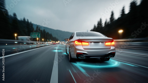 A sleek car speeds along a well-lit expressway during dusk, utilizing advanced lane recognition technology.