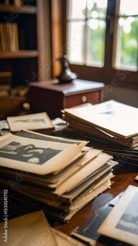 Stacks of vintage photographs and sealed envelopes on a wood desk in an antique filled study with a window