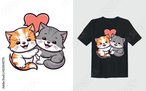Cute Cartoon Cats Hugging with a Heart for Valentine s Day T Shirt