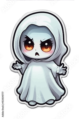 Chibi-style cartoon ghost character with an angry expression and glowing orange eyes. Wearing a white hooded cloak with bold outlines, this spooky yet adorable illustration is perfect for Halloween-th