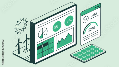 Isometric illustration of renewable energy analytics dashboard with wind turbines and solar panel