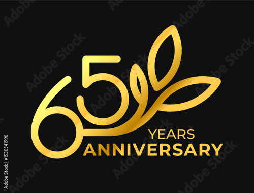 Golden 65th Anniversary Celebration Logo with decorative leaf ornament. Premium vector illustration