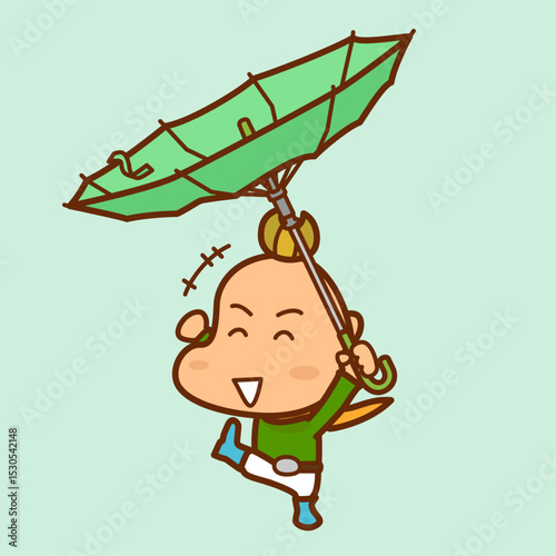 傘をひっくり返して遊ぶ男の子のイラスト／Illustration of a boy playing with an umbrella upside down
