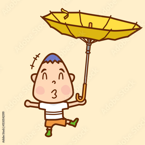 傘をひっくり返して遊ぶ男の子のイラスト／Illustration of a boy playing with an umbrella upside down