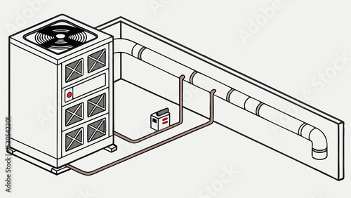 Isometric illustration of an air conditioning unit connected to ductwork inside a rectangular space