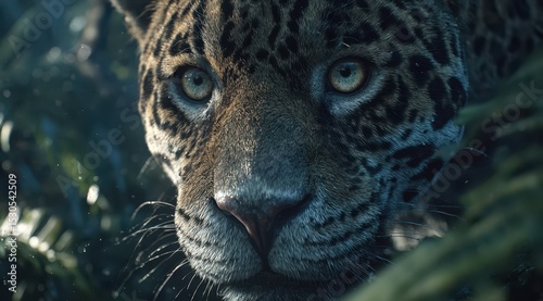 A jaguar stealthily moves through the underbrush of a lush jungle, displaying its distinctive spots and keen gaze as it navigates the dense foliage. The environment is teeming with life