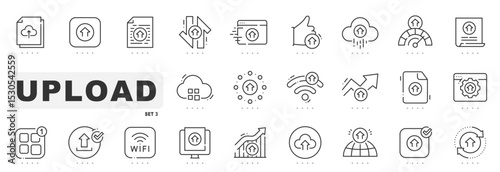 Set of upload related line icons. Online, arrow, up, cloud etc. Editable stroke. Set 3