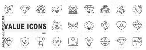 Set of value related line icons. Brilliant, diamond, gem etc. Editable stroke. Set 3