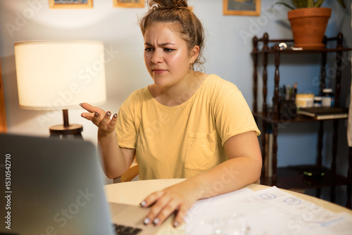 Irritated caucasian female gesticulating with frustration while working on laptop at table desk upset with bad internet connection or signal, trying to launch video conference with colleagues