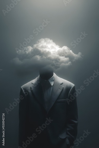 A man wears a formal suit while a cloud replaces his head, creating a whimsical and surreal visual. The background is dim, emphasizing the dreamlike quality of the scene