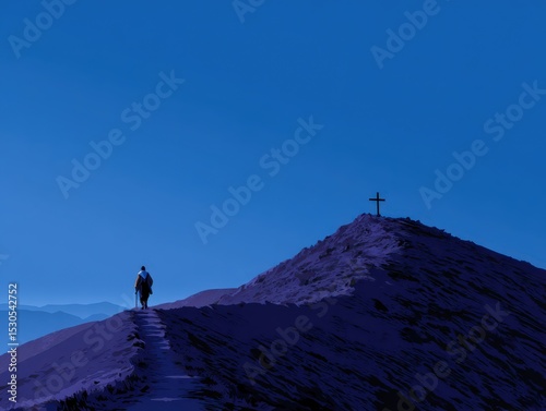 A man climbs a steep mountain trail as daylight fades, heading toward a prominent cross at the summit. The surrounding landscape features distant hills and a darkening sky