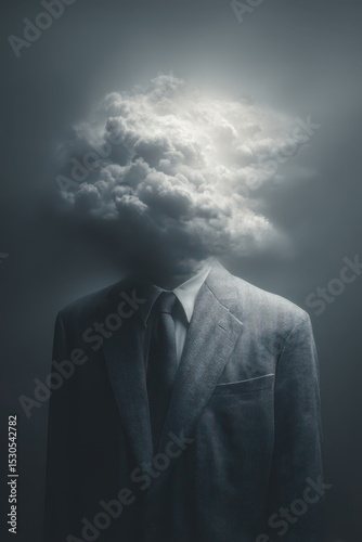 A man dressed in a formal suit stands with his head replaced by swirling clouds, symbolizing creativity and abstract thought. The setting has a gray tone, enhancing the surreal effect