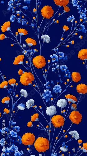 Vibrant Floral Pattern: A Symphony of Orange and Blue Blooms