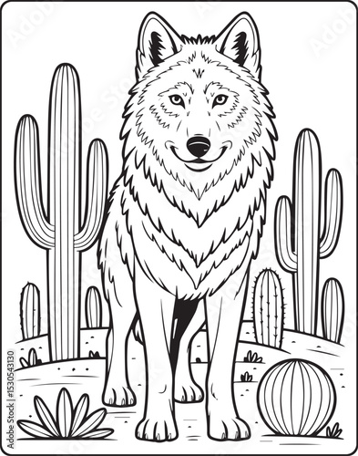 Wolf in desert cactus tree natural scenery black vector outline illustration for children coloring page design