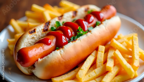 Grilled hot dogs with crispy fries and ketchup on wooden table. Food for casual meals and fast food themes.