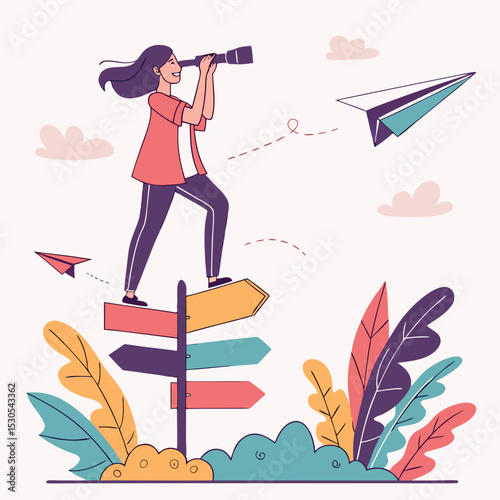 Woman on a signpost scans the horizon with binoculars, paper airplanes soaring nearby