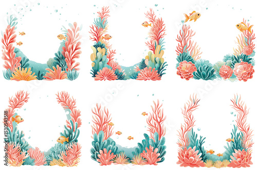 watercolor ocean frames with coral and fish