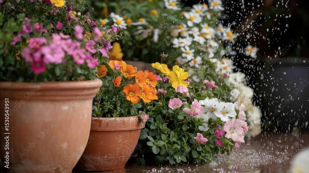 Fototapeta premium Two terracotta pots filled with colorful flowers. the pots are placed on a wooden surface and are surrounded by greenery. the flowers in the pots are in shades of pink, purple, yellow, and white.