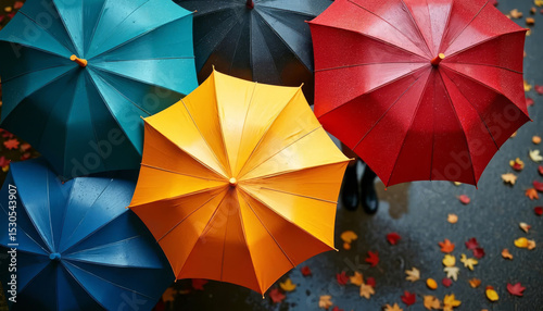 Colorful umbrellas seen from above on rainy sidewalk. Urban autumn scene.