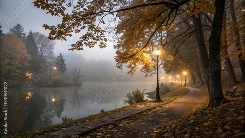 A hyper-realistic, ultra HD night scene featuring a calm water lake surrounded by autumn trees with golden and orange leaves.