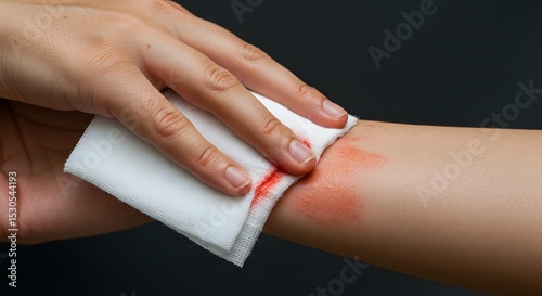 cleaning the bleeding wound on the arm using gauze, made by Ai