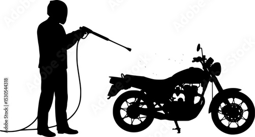 A silhouette of a person cleaning a motorcycle using a pressure washer