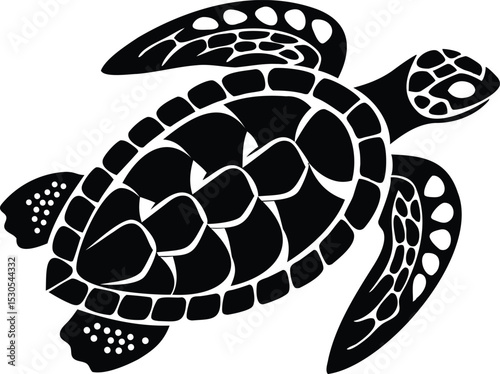 Black and White Vector Illustration of Sea Turtle with Detailed Shell Patterns