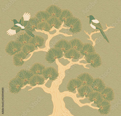 Two Magpies and a Pine Tree in Traditional East Asian Illustration Style