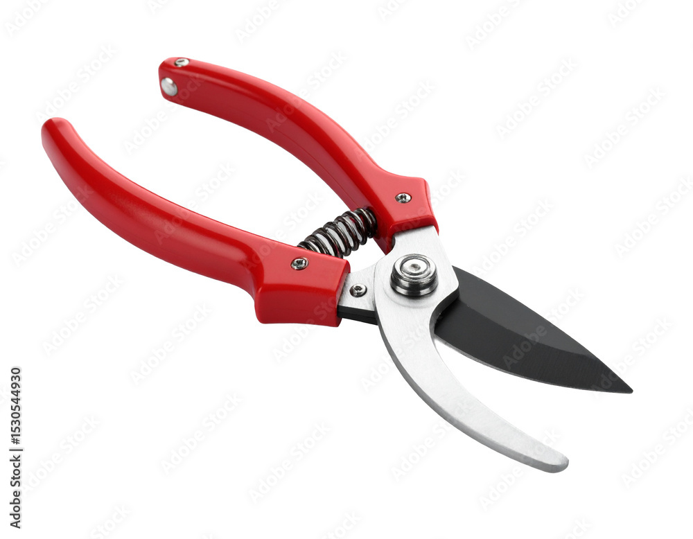 Red-handled pruning shears with sharp blades isolated on white. Red-handled pruning shears with sharp blades isolated on white.