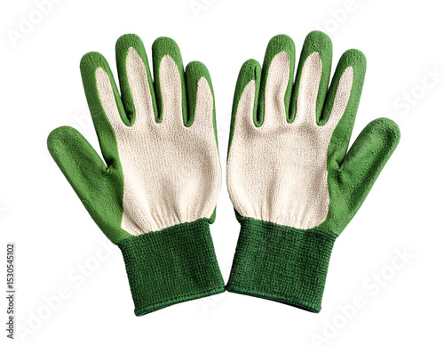 Pair of green and white gardening gloves with textured grip, isolated on white.