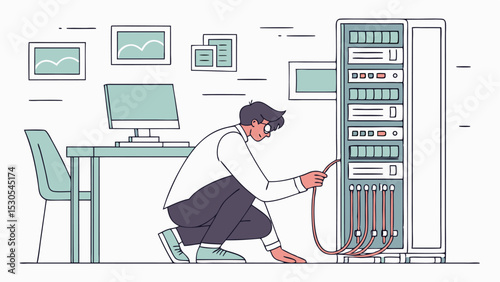 A technician connecting cables to a server rack in an office with a desk computer and wall decorations