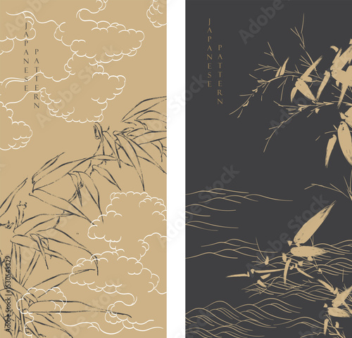 Japanese background with line ocean sea and bamboo leaf pattern vector. Abstract template with geometric wave pattern. Cloud layout design in oriental style
