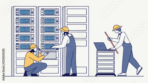 Technicians maintaining server racks in a data center with laptop and tools in a light background
