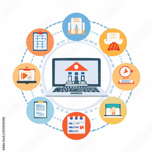Digital banking concept with laptop and icons illustrating online financial services