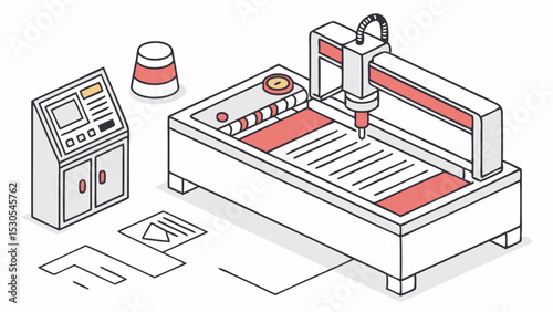 Isometric view of an industrial cnc machine with a control panel and a cylindrical object near the machine