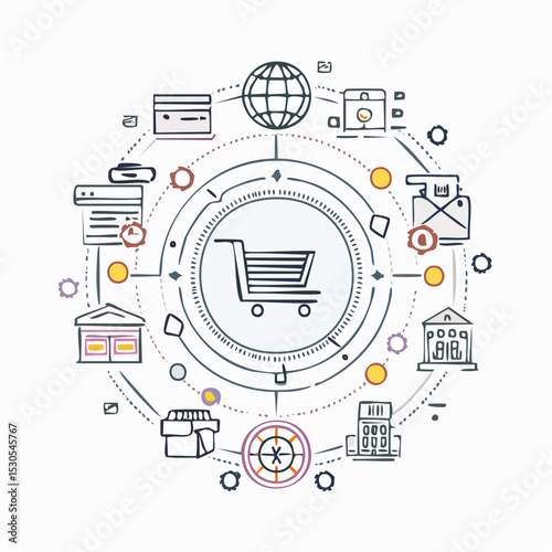 Illustration of an e-commerce concept with cart, global network, and payment icons