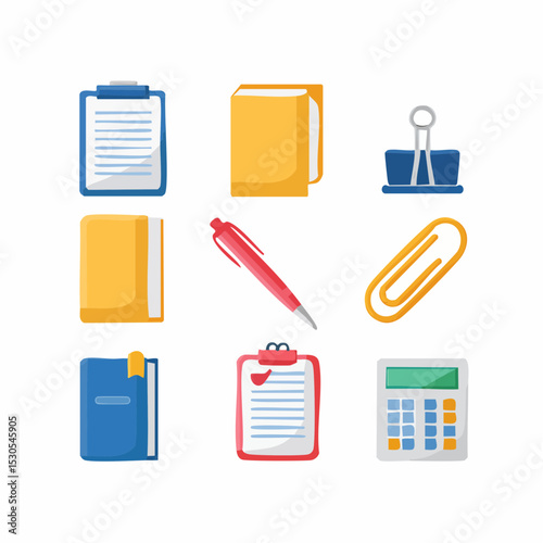 Colorful flat design illustration of various office supplies and stationery elements.